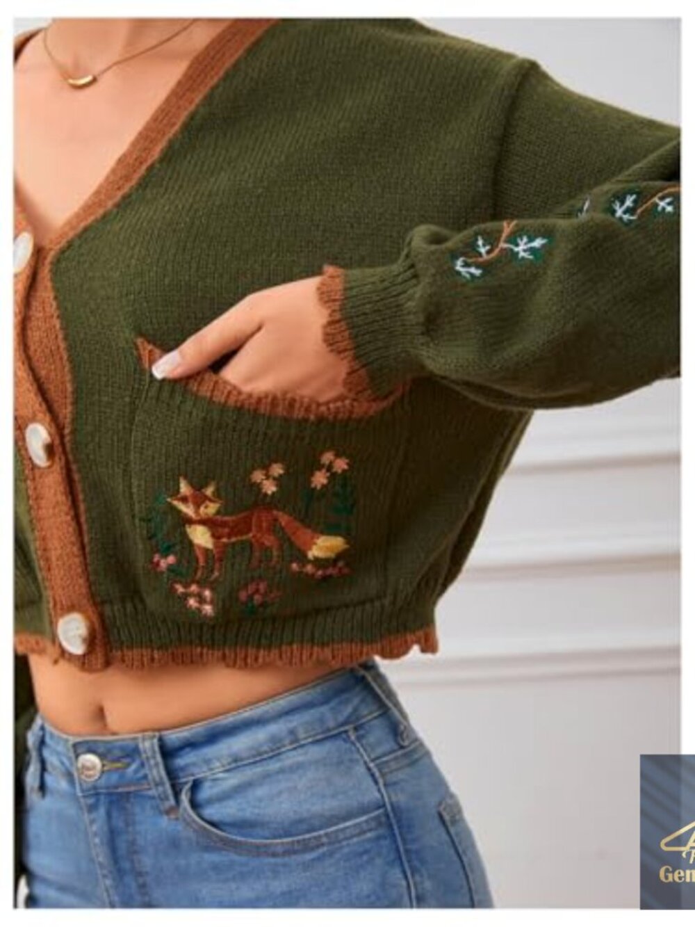 Floral Embroidered Cropped Cardigan Loose Fit V-Neck Button Up - Picture 6 of 7